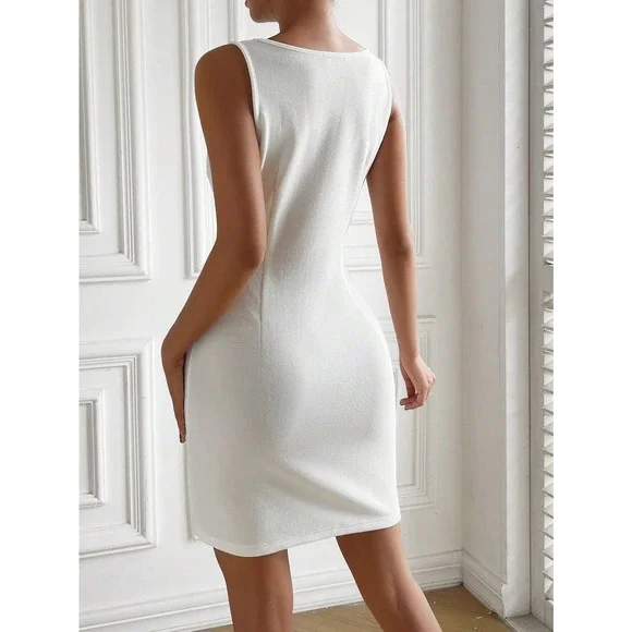 minimalist business casual workwear square neck Split Hem mini Dress blue - Picture 9 of 11